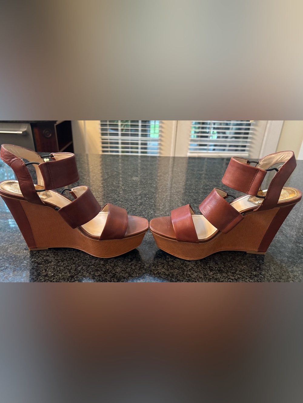 Vince Camuto Brown Leather Platform Wedge Sandals